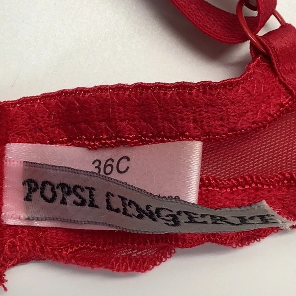 Popsi Lingerie Size 36C Red Lace Up Underwire Bra W/Mesh Ruffle Trim (Preowned) - Picture 6 of 8